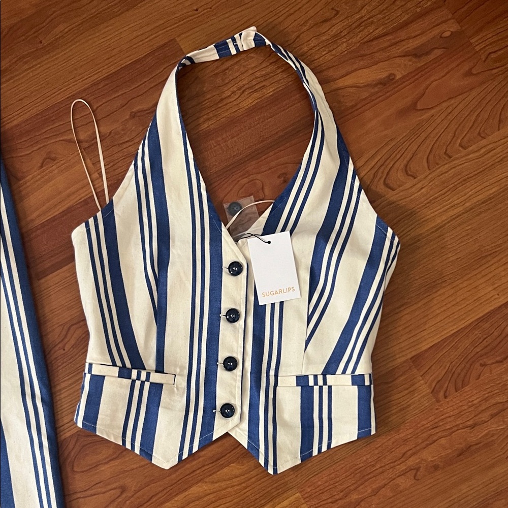 Sugarlips Blue and White Striped Wide Leg Pants & Vest Set - Picture 2 of 5